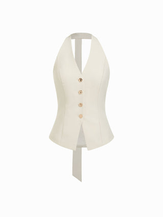 Woven Halter Neck Metal Detail Blazer Vest For Daily Casual Work