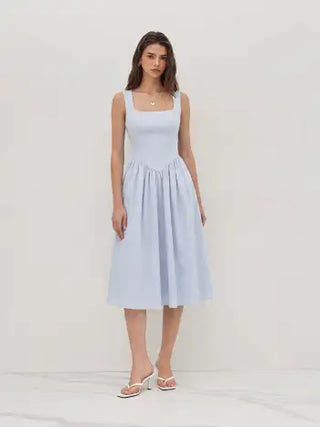 Wedding Wedding Guest Dress wedding guest wedding special occasion dresses Woven Linen-blend Square Neck Ruffle Midi Dress For Vacation
