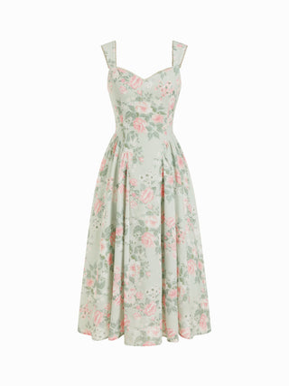Linen-blend Floral Sweetheart Neckline Flared Midi Dress
