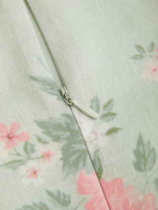 Linen-blend Floral Sweetheart Neckline Flared Midi Dress