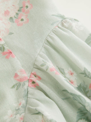 Linen-blend Floral Sweetheart Neckline Flared Midi Dress