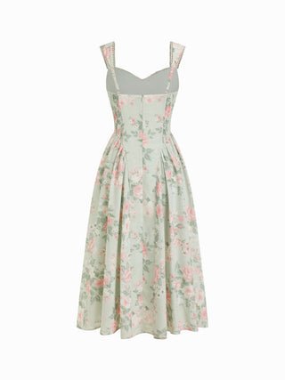 Linen-blend Floral Sweetheart Neckline Flared Midi Dress