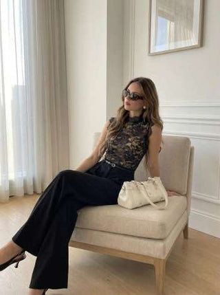 Lace Stand Collar Mid Rise Wide Leg Jumpsuit With Belt