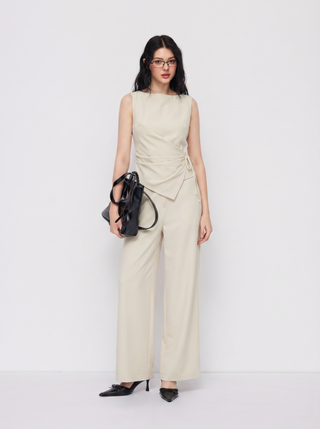 Boat Neck Striped Wrap Knotted Top & Mid Rise Straight Leg Trousers Set