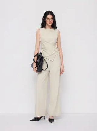 Boat Neck Striped Wrap Knotted Top & Mid Rise Straight Leg Trousers Set