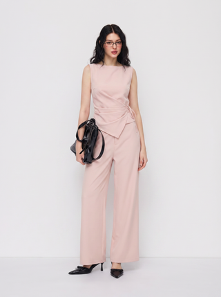Boat Neck Striped Wrap Knotted Top & Mid Rise Straight Leg Trousers Set