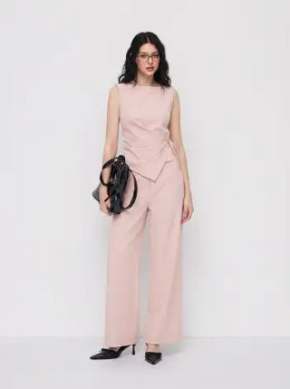 Boat Neck Striped Wrap Knotted Top & Mid Rise Straight Leg Trousers Set