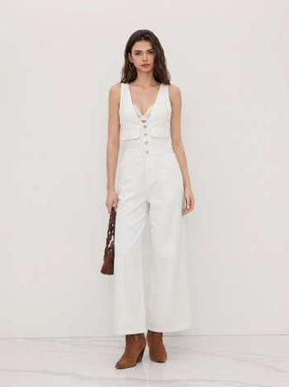 Denim V-neck Button Pocket Wide Leg Jumpsuit