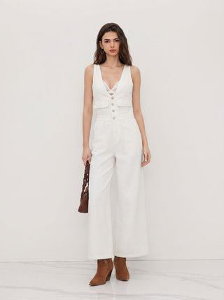 Denim V-neck Button Pocket Wide Leg Jumpsuit
