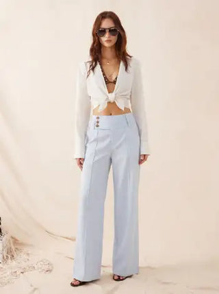 Woven Linen-blend Low Rise Pleated Wide Leg Trousers For Daily Casual Work
