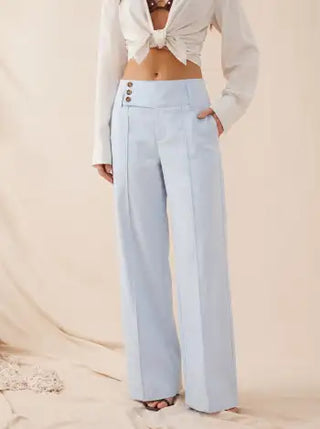 Woven Linen-blend Low Rise Pleated Wide Leg Trousers For Daily Casual Work