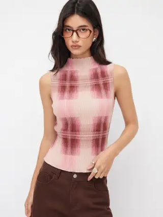 High Neck Plaid Texture Lettuce Trim Tank Top