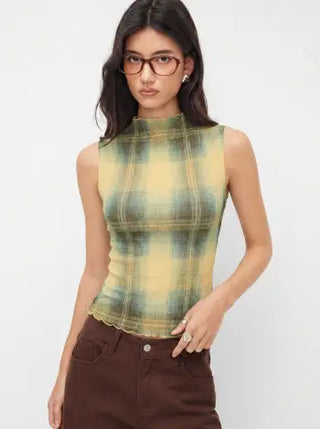 High Neck Plaid Texture Lettuce Trim Tank Top