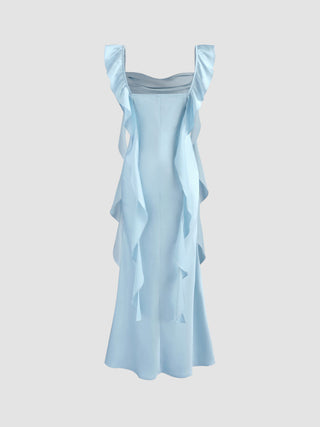 Satin Cowl Neck Solid Ruffle Hem Maxi Dress
