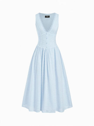 Woven Cotton-blend Sculptural V-neck Broderie Anglaise Floral Lace Trim Button Midi Dress For Vacation