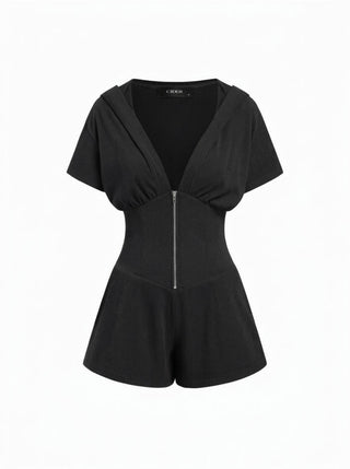 Knit Fabric Textured V-neck Ruched Front Romper For Daily Casual