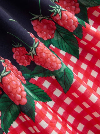 Gingham Fruit Print Knotted Crisscross Back Mini Dress