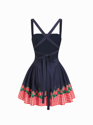 Gingham Fruit Print Knotted Crisscross Back Mini Dress