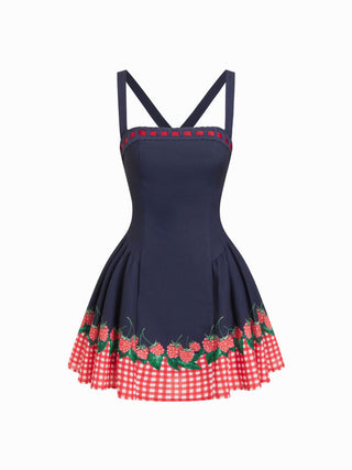 Gingham Fruit Print Knotted Crisscross Back Mini Dress