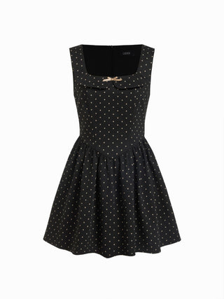 Jacquard Jacquard Square Neck Houndstooth Bowknot Flared Mini Dress For Daily Casual Coffee Shop