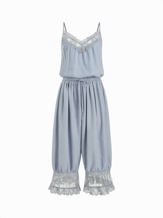 V-neck Lace Panel Oversized Drawstring Bloomer Jumpsuit