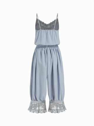 V-neck Lace Panel Oversized Drawstring Bloomer Jumpsuit