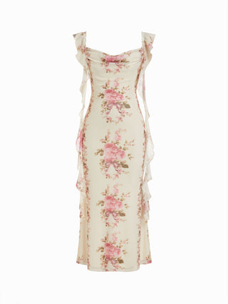 Cowl Neck Solid Glitter Ruffle Hem Maxi Dress