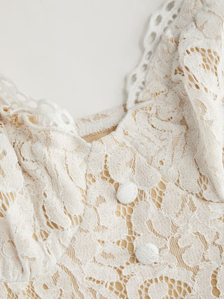 Cotton-blend Textured Lace Sweetheart Neck Flared Midi Dress