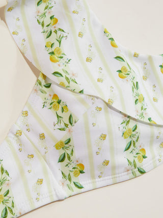 Knit Fabric Halter Neckline Lemon Stripe Graphic Ruffle Halter Low Rise Bikini Set For Vacation Swimming Pool Beach