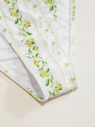 Knit Fabric Halter Neckline Lemon Stripe Graphic Ruffle Halter Low Rise Bikini Set For Vacation Swimming Pool Beach