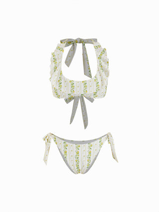 Knit Fabric Halter Neckline Lemon Stripe Graphic Ruffle Halter Low Rise Bikini Set For Vacation Swimming Pool Beach
