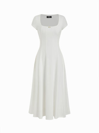 corset Knit Fabric Scoop Neck Short Sleeve Rosette Flared Maxi Dress For Daily Casual Date