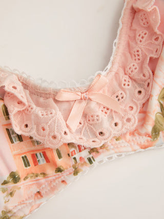 Knit Fabric Sweetheart Fruit Graphic Broderie Anglaise Bowknot Underwire Low Rise Cheeky Bikini Set For Vacation Swimming Pool Beach