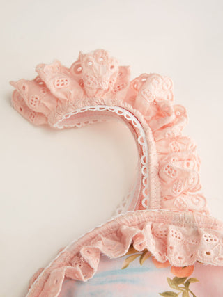 Knit Fabric Sweetheart Fruit Graphic Broderie Anglaise Bowknot Underwire Low Rise Cheeky Bikini Set For Vacation Swimming Pool Beach