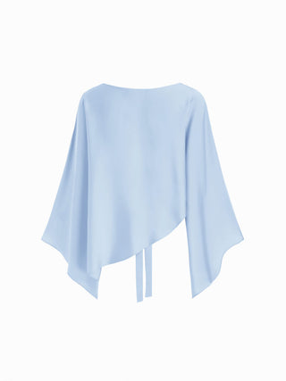 Satin Boat Neck Bell Sleeve Asymmetrical Blouse