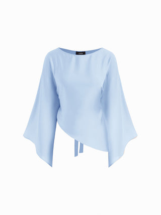 Satin Boat Neck Bell Sleeve Asymmetrical Blouse