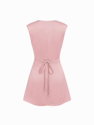 Satin V-neck Ruched Knotted Tie Back Mini Dress