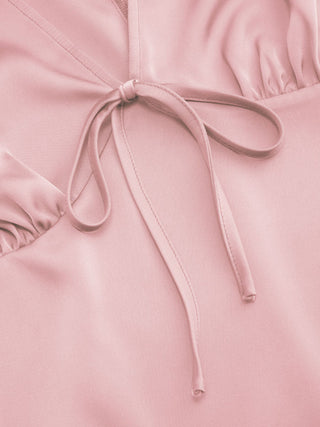Satin V-neck Ruched Knotted Tie Back Mini Dress