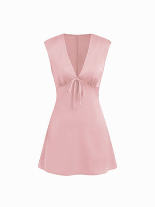 Satin V-neck Ruched Knotted Tie Back Mini Dress