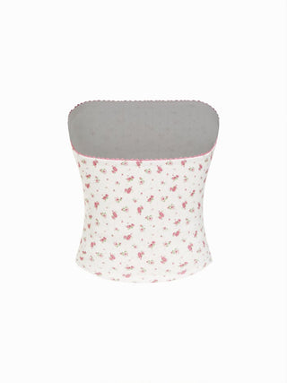 Cotton Pointelle Ditsy Floral Ruched Bowknot Crop Bandeau Top
