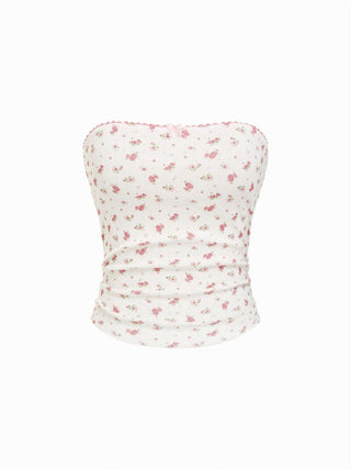 Cotton Pointelle Ditsy Floral Ruched Bowknot Crop Bandeau Top