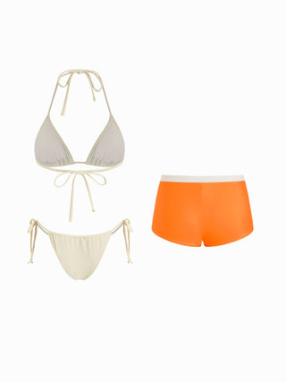 Halter Neckline Floral Triangle Tie Side Bikini Set With Cover Up Shorts