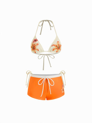 Halter Neckline Floral Triangle Tie Side Bikini Set With Cover Up Shorts