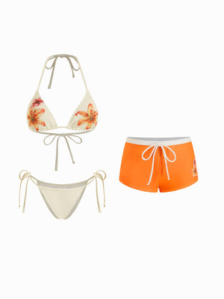 Halter Neckline Floral Triangle Tie Side Bikini Set With Cover Up Shorts