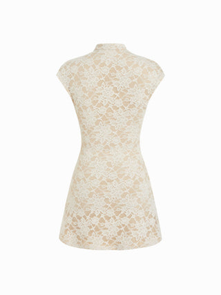 Lace Stand Collar Short Sleeve Cut Out Bowknot A-line Mini Dress