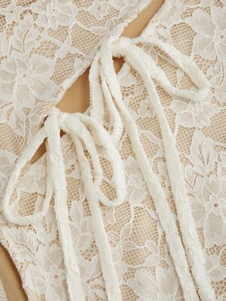 Lace Stand Collar Short Sleeve Cut Out Bowknot A-line Mini Dress