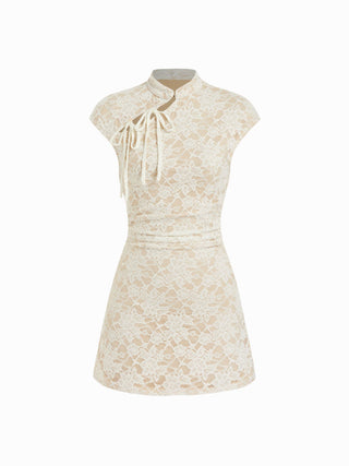 Lace Stand Collar Short Sleeve Cut Out Bowknot A-line Mini Dress