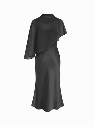 Satin High Neck Cape Sleeve Maxi Dress