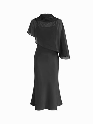 Satin High Neck Cape Sleeve Maxi Dress