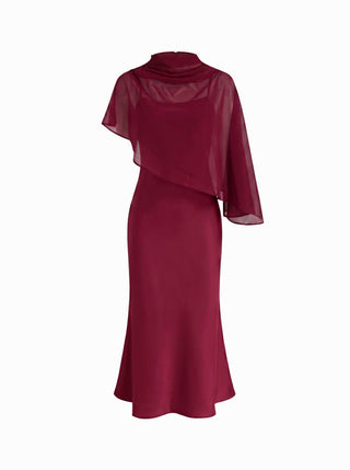 Satin High Neck Cape Sleeve Maxi Dress